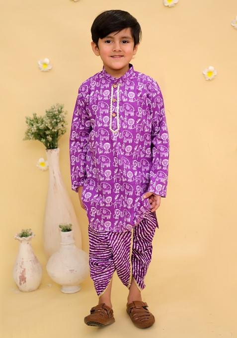 Purple Printed Cotton Kurta Set For Boys