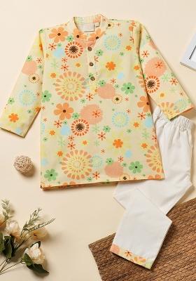 Yellow Embroidered Cotton Kurta Sets For Boys