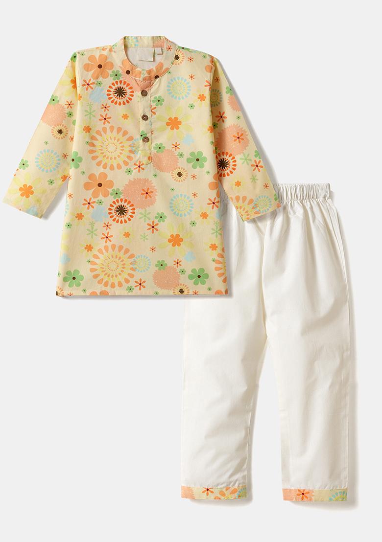 Yellow Embroidered Cotton Kurta Sets For Boys