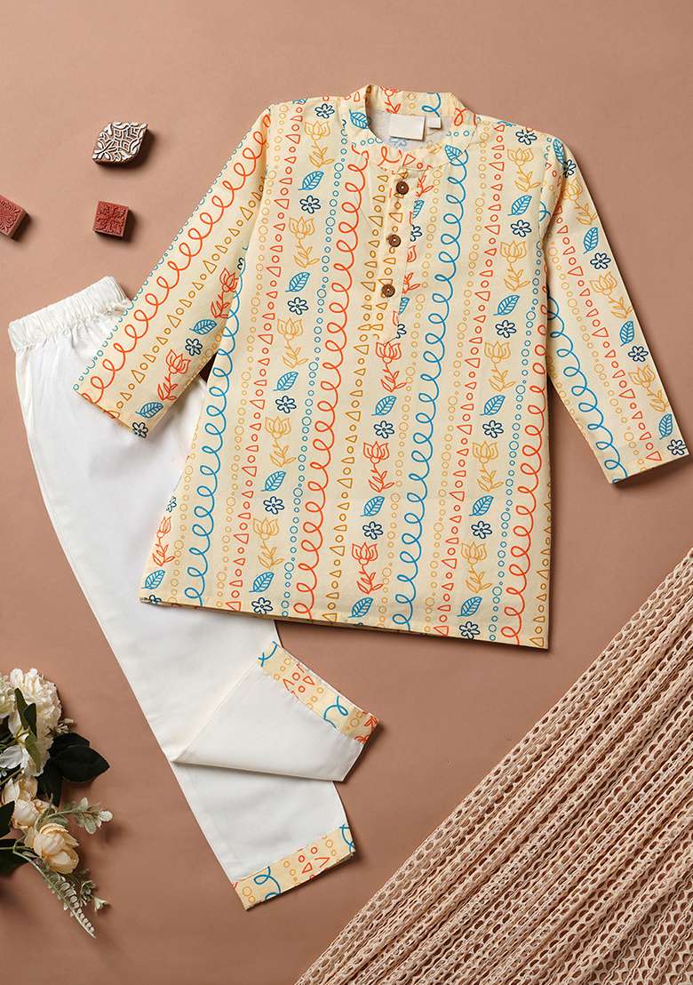 Yellow Embroidered Cotton Kurta Sets For Boys - Indya