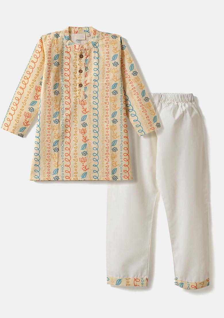 Yellow Embroidered Cotton Kurta Sets For Boys