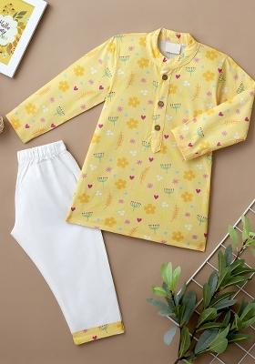 Yellow Embroidered Cotton Kurta Sets For Boys