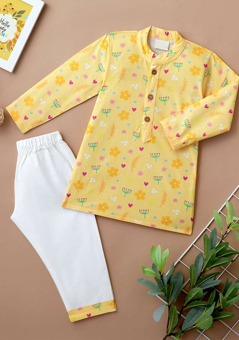Yellow Embroidered Cotton Kurta Sets For Boys - Indya