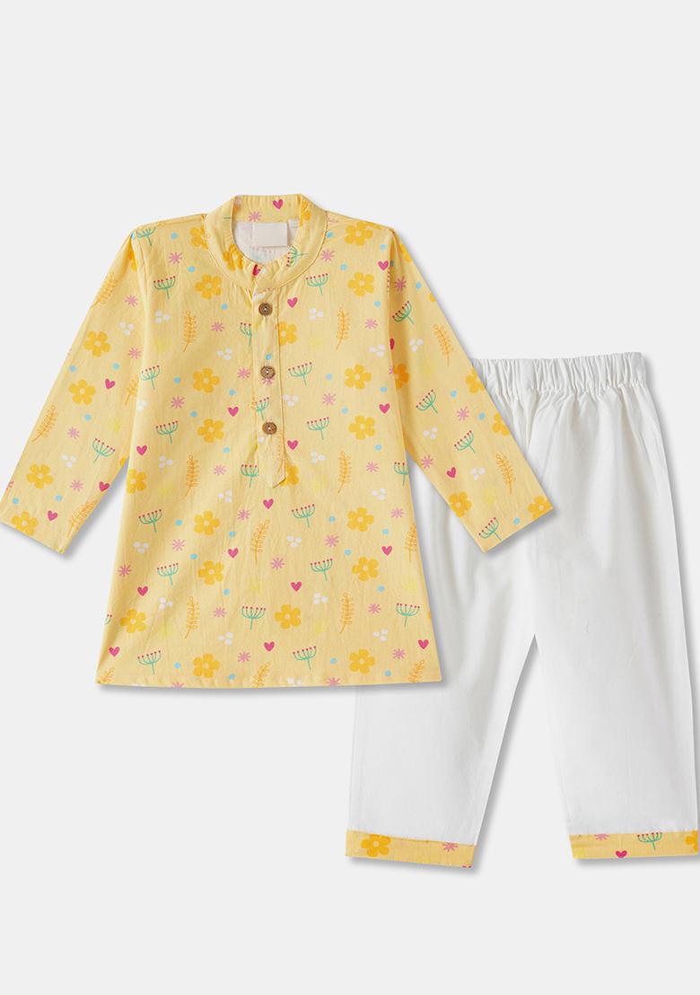 Yellow Embroidered Cotton Kurta Sets For Boys