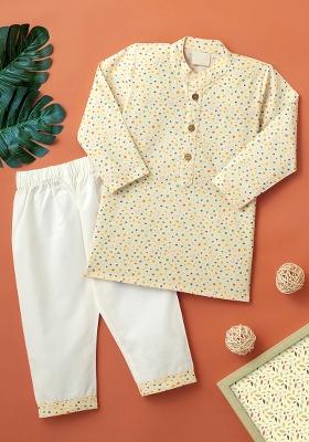 Cream Embroidered Cotton Kurta Sets For Boys