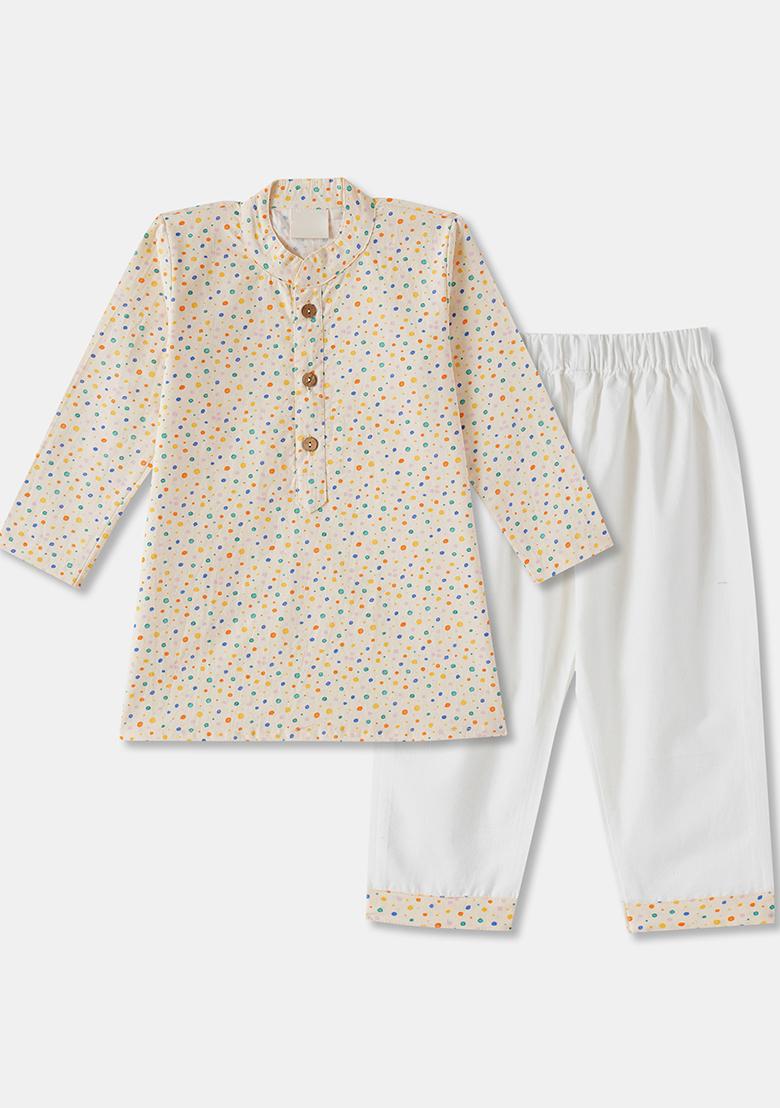 Cream Embroidered Cotton Kurta Sets For Boys