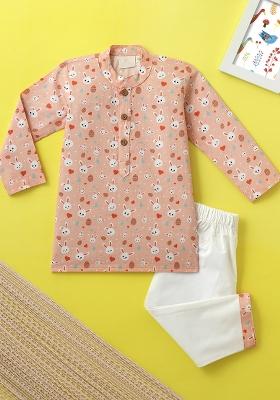 Peach Embroidered Cotton Kurta Sets For Boys