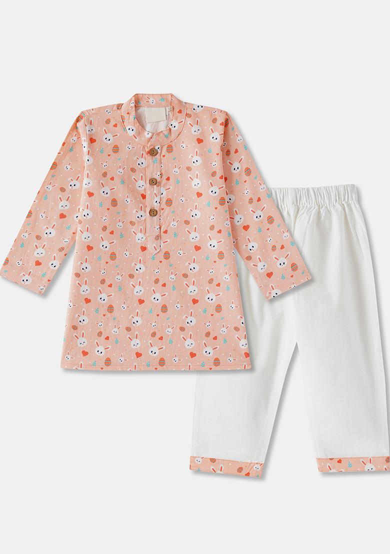 Peach Embroidered Cotton Kurta Sets For Boys