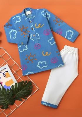 Blue Embroidered Cotton Kurta Sets For Boys