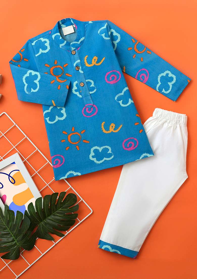 Blue Embroidered Cotton Kurta Sets For Boys - Indya