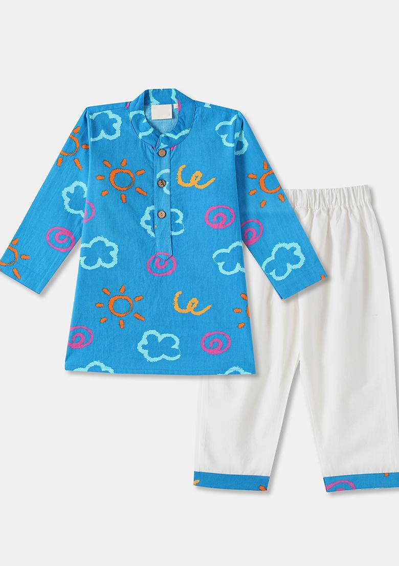 Blue Embroidered Cotton Kurta Sets For Boys