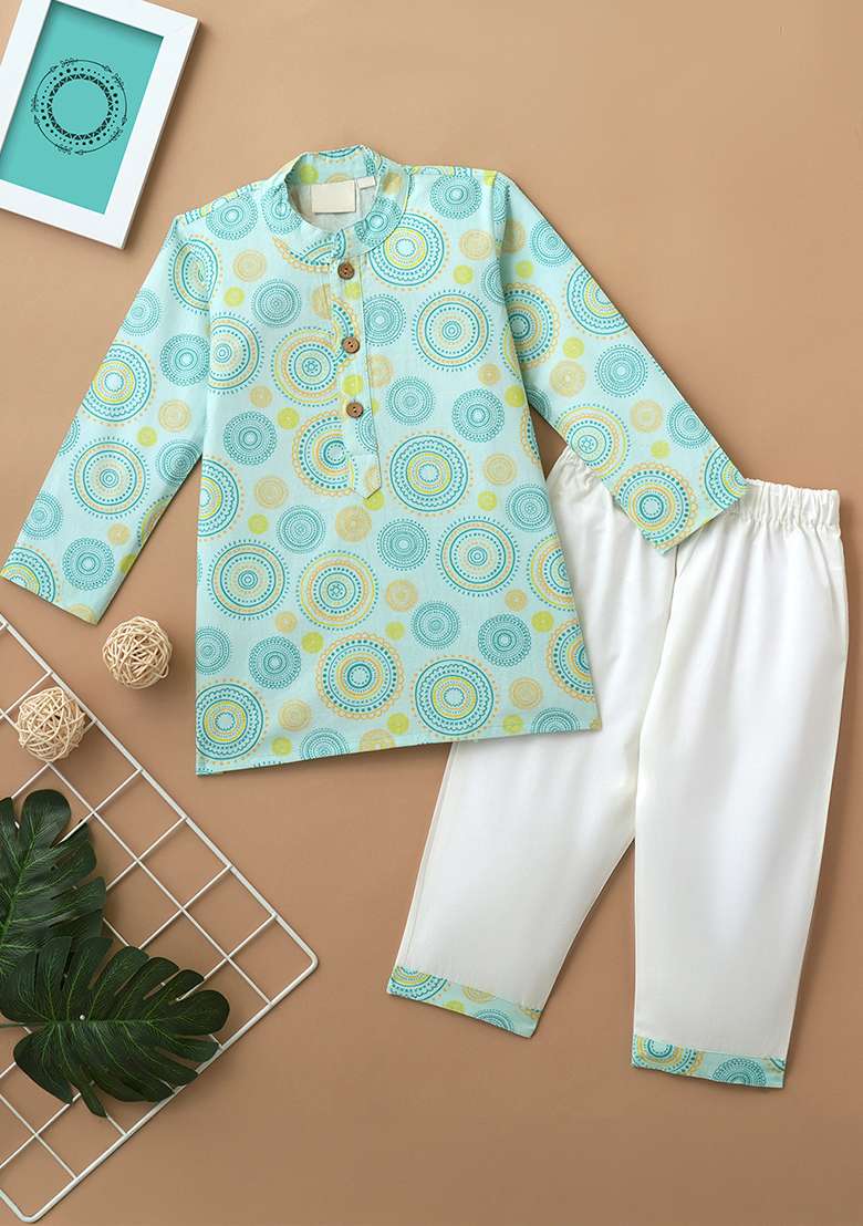 Turquoise Embroidered Cotton Kurta Sets For Boys - Indya
