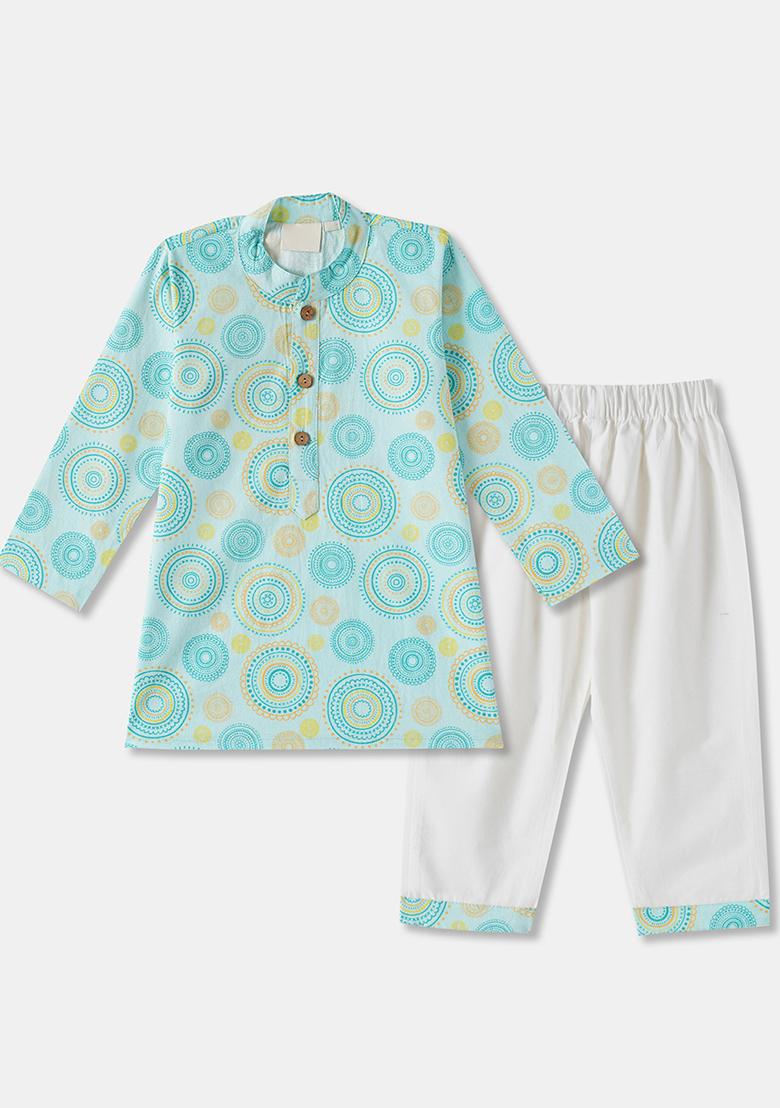 Turquoise Embroidered Cotton Kurta Sets For Boys