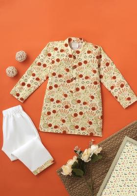 Beige Embroidered Cotton Kurta Sets For Boys
