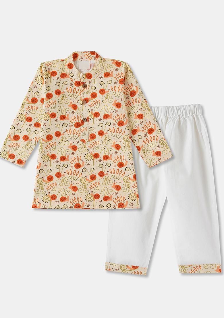 Beige Embroidered Cotton Kurta Sets For Boys