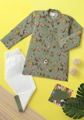 Olive Embroidered Cotton Kurta Sets For Boys