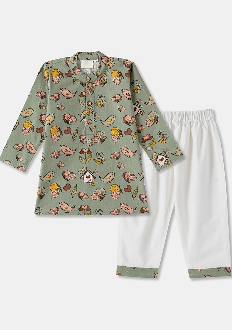 Olive Embroidered Cotton Kurta Sets For Boys