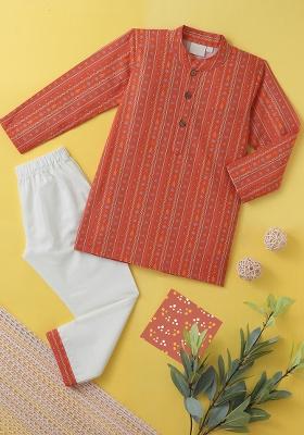 Orange Embroidered Cotton Kurta Sets For Boys