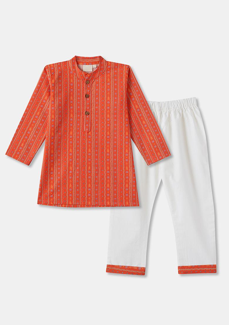 Orange Embroidered Cotton Kurta Sets For Boys