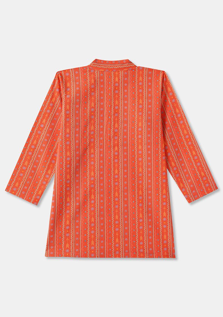 Orange Embroidered Cotton Kurta Sets For Boys
