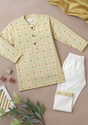 Cream Embroidered Cotton Kurta Sets For Boys