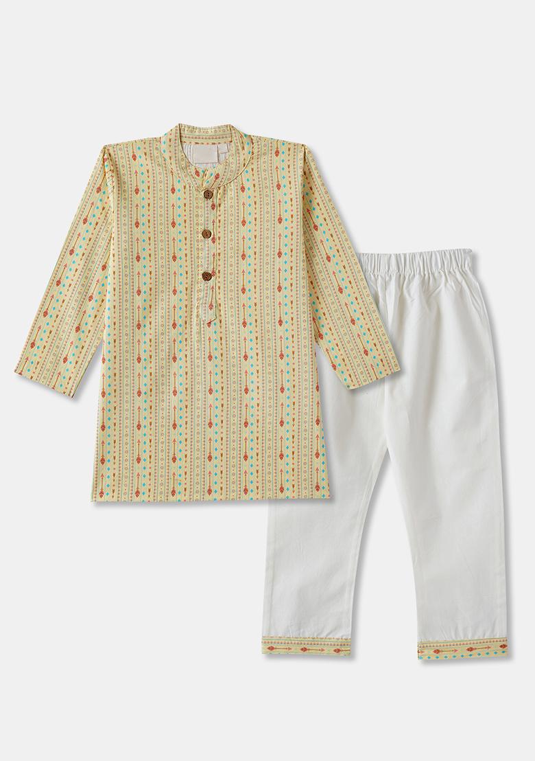 Cream Embroidered Cotton Kurta Sets For Boys