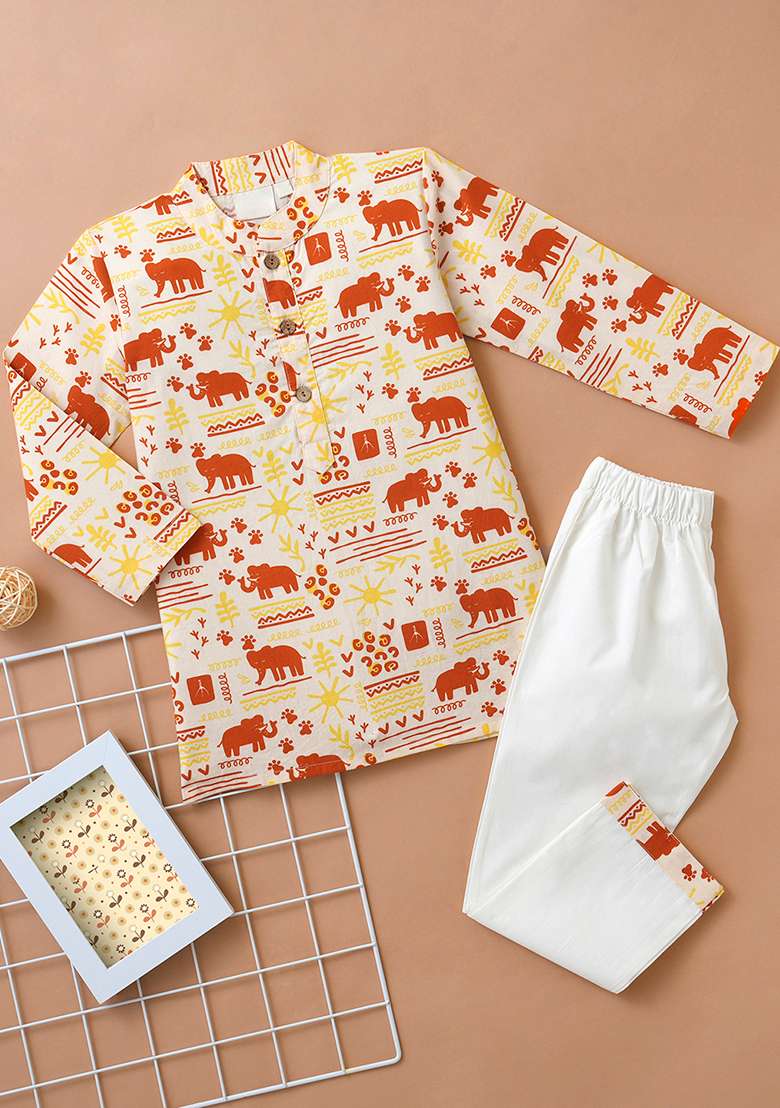Red Embroidered Cotton Kurta Sets For Boys - Indya