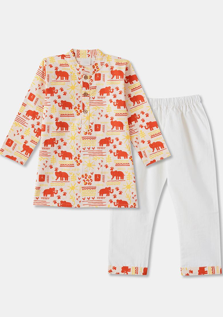 Red Embroidered Cotton Kurta Sets For Boys