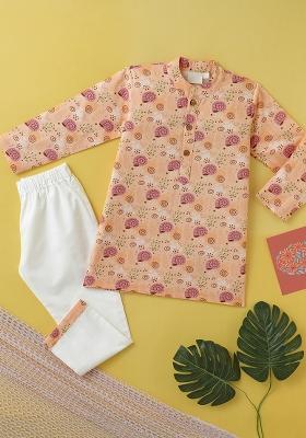 Peach Embroidered Cotton Kurta Sets For Boys