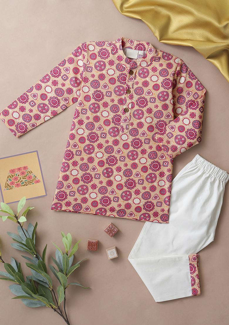 Pink Embroidered Cotton Kurta Sets For Boys