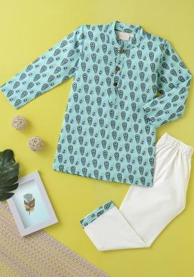 Blue Embroidered Cotton Kurta Sets For Boys