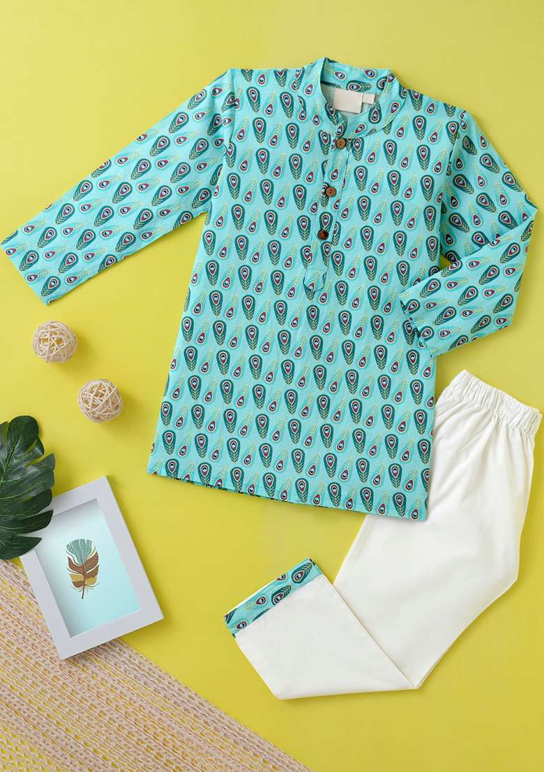 Blue Embroidered Cotton Kurta Sets For Boys - Indya