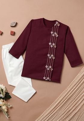 Maroon Embroidered Cotton Kurta Sets For Boys