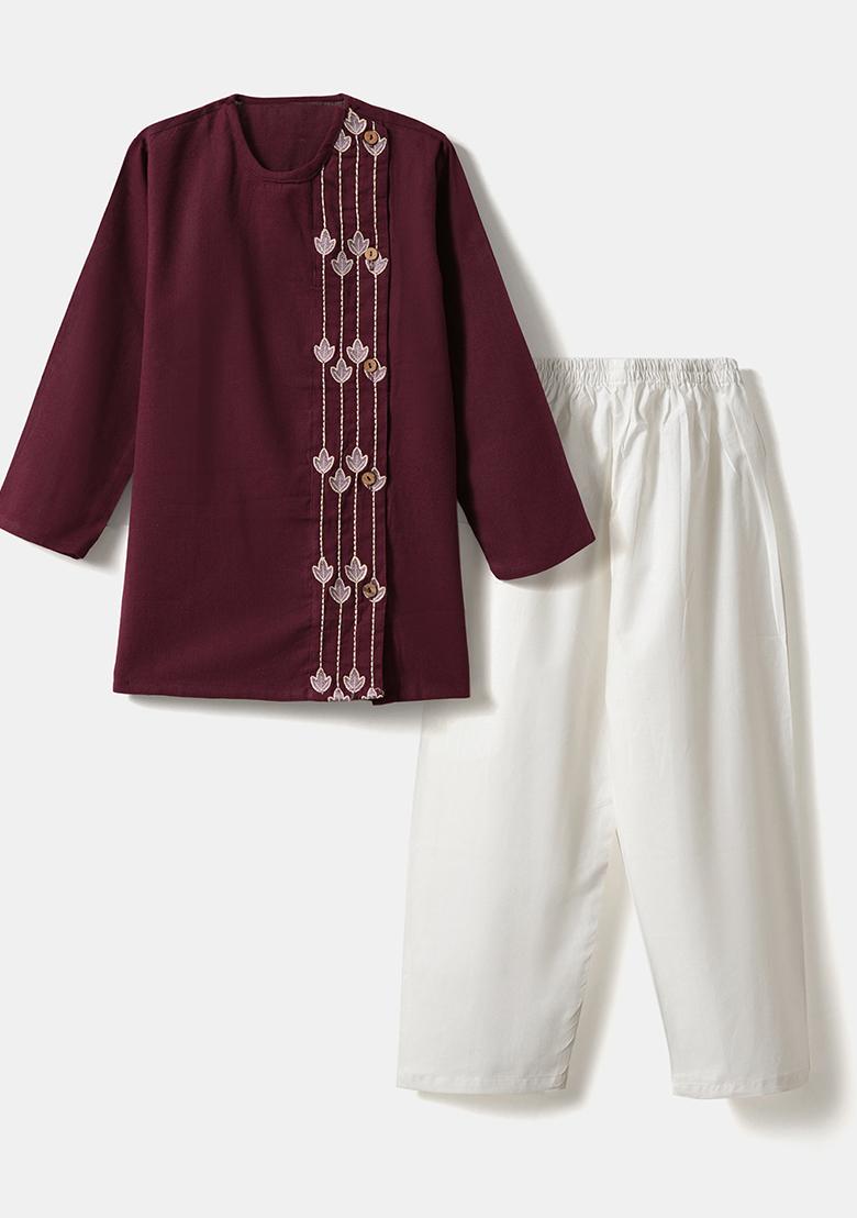 Maroon Embroidered Cotton Kurta Sets For Boys