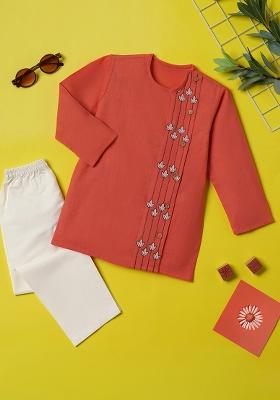 Peach Embroidered Cotton Kurta Sets For Boys