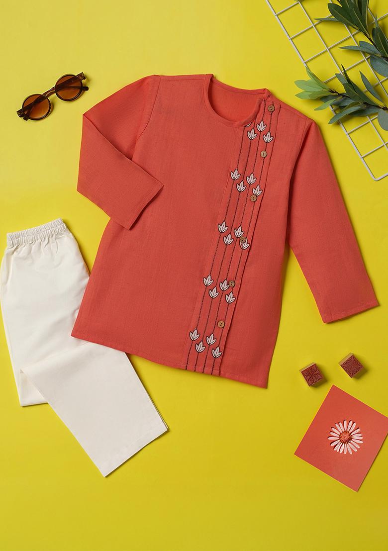 Peach Embroidered Cotton Kurta Sets For Boys