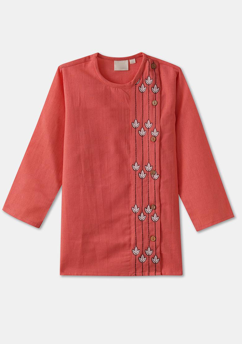 Peach Embroidered Cotton Kurta Sets For Boys
