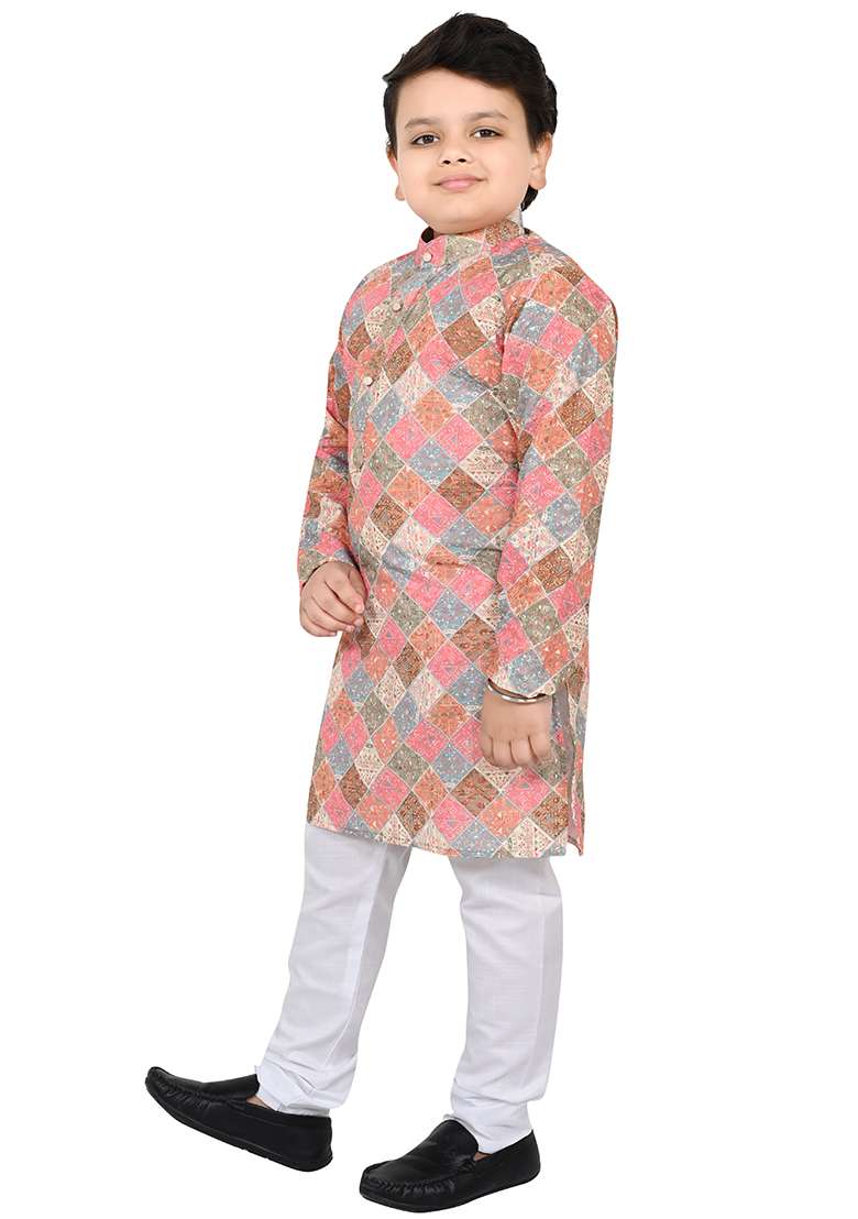 Multicolor Embroidered Cotton Kurta Set For Boys - Indya