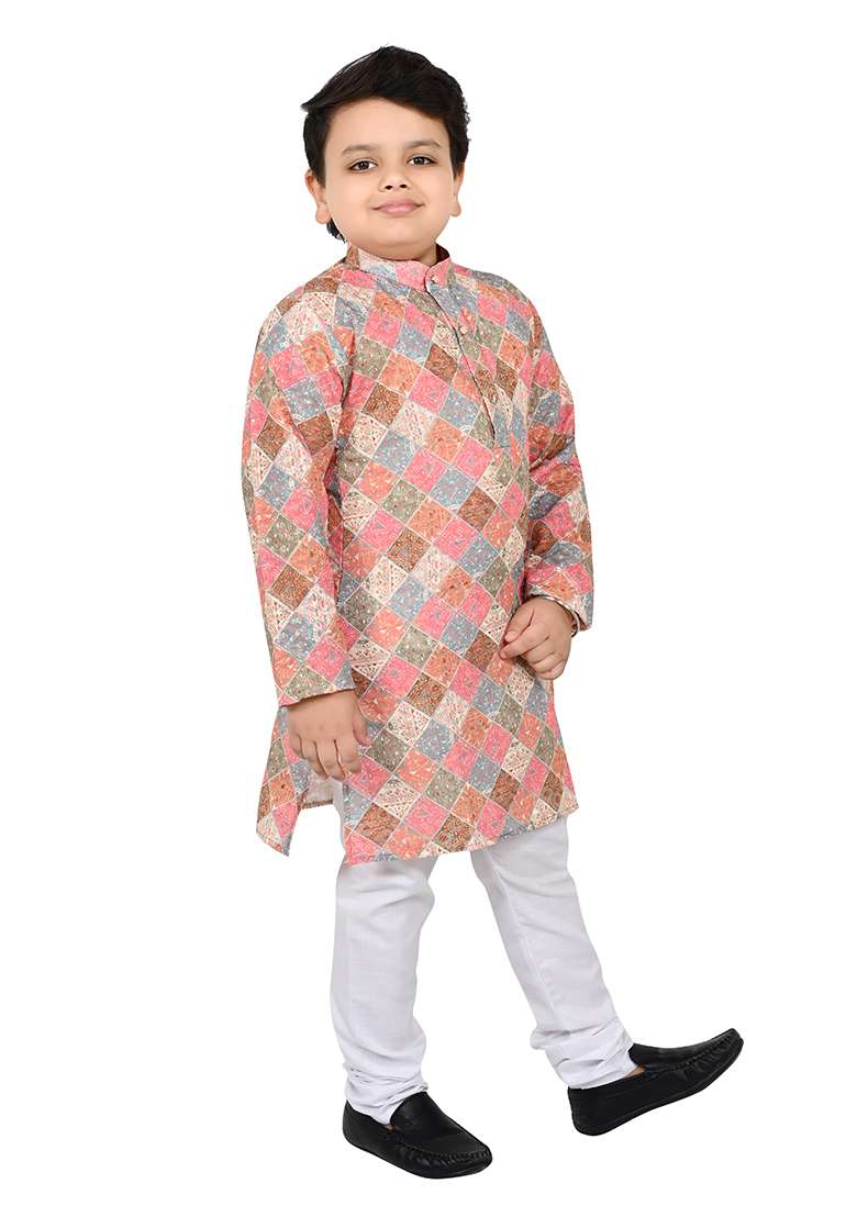 Multicolor Embroidered Cotton Kurta Set For Boys - Indya