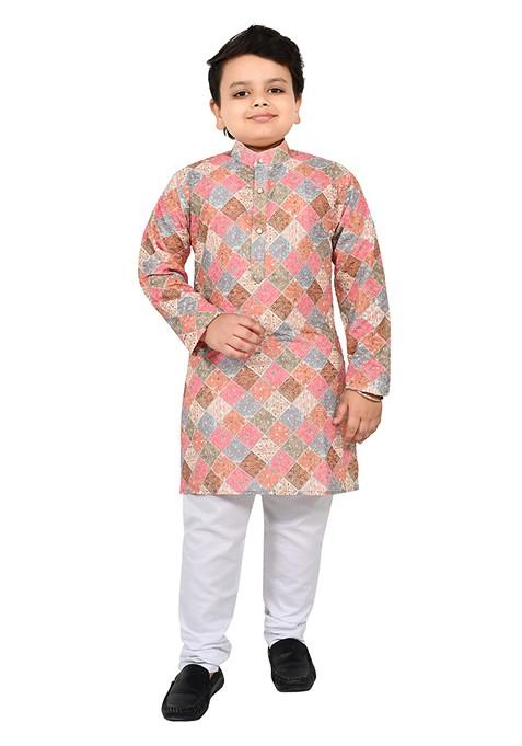 Multicolor Embroidered Cotton Kurta Set For Boys