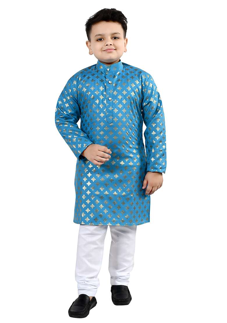 Blue Printed Cotton Kurta Set For Boys - Indya