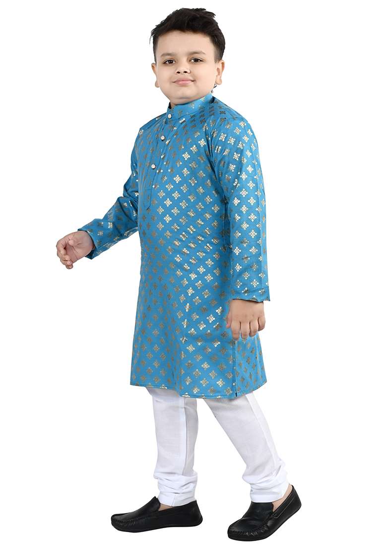 Blue Printed Cotton Kurta Set For Boys - Indya