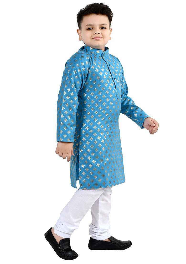 Blue Printed Cotton Kurta Set For Boys - Indya