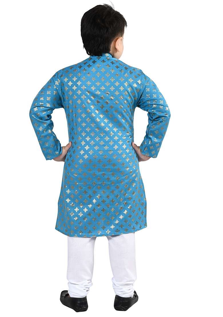 Blue Printed Cotton Kurta Set For Boys - Indya