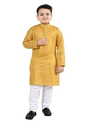 Yellow Printed Cotton Kurta Set For Boys