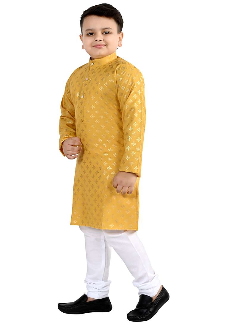 Yellow Printed Cotton Kurta Set For Boys - Indya