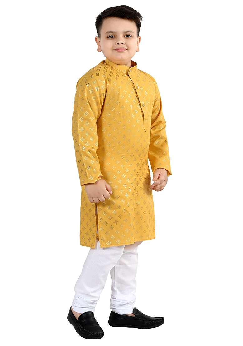Yellow Printed Cotton Kurta Set For Boys - Indya