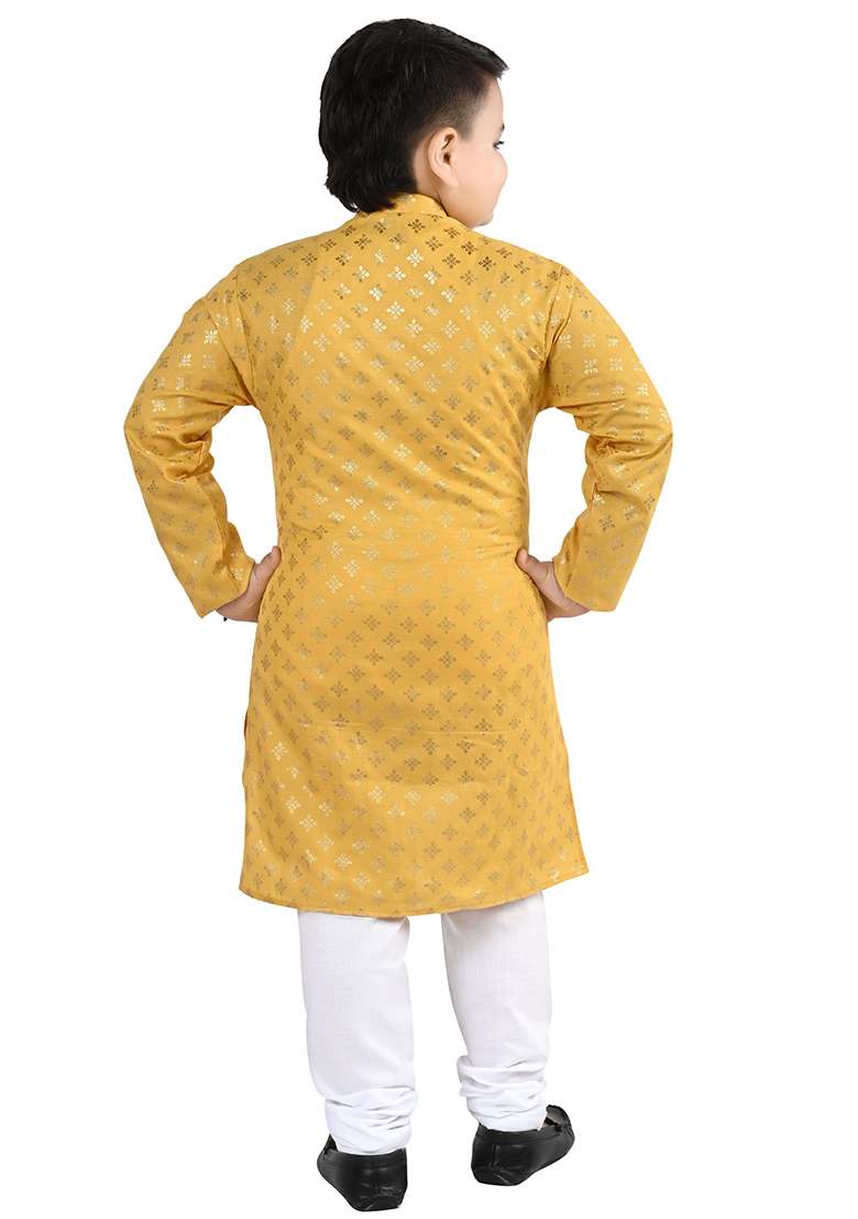 Yellow Printed Cotton Kurta Set For Boys - Indya