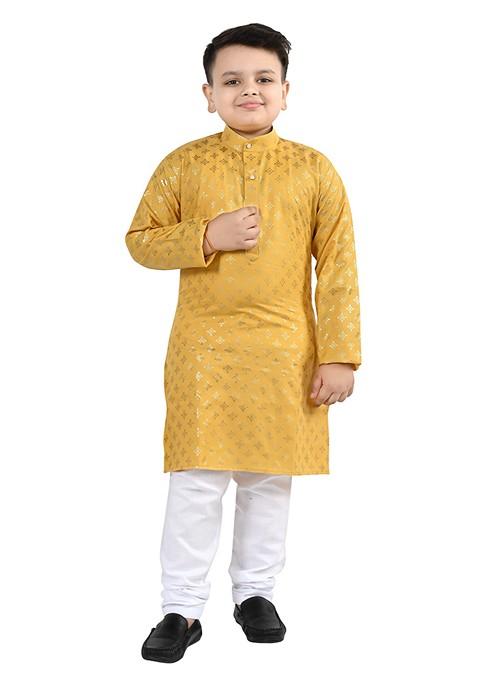 Yellow Printed Cotton Kurta Set For Boys