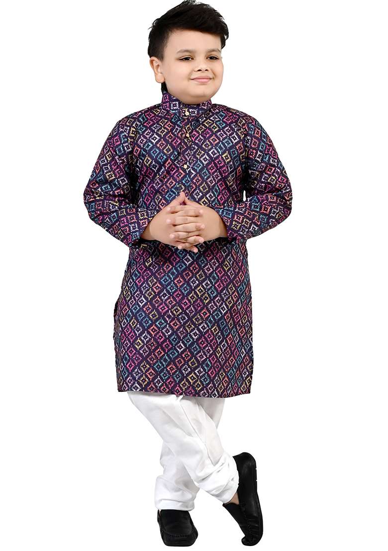 Purple Printed Cotton Kurta Set For Boys - Indya